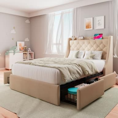 Feonase Twin Bed Frame with 4 Storage Drawers, Upholstered Wingback Headboard, Easy Assembly, No Box Spring Needed, Beige - Image 3