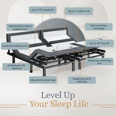 Sven & Son Bliss Adjustable Bed Base-Frame Only, Head and Foot Lift, Lumbar Support, Head-Pillow-Tilt, Massage, Under-Bed Lights, USB, Memory Positions, Zero Gravity - King - Image 4