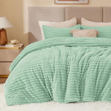 BEDELITE Fleece Queen Comforter Set -Super Soft & Warm Fluffy Light Green Bedding, Luxury Fuzzy Heavy Bed Set for Winter with 2 Pillow Cases - Image 1