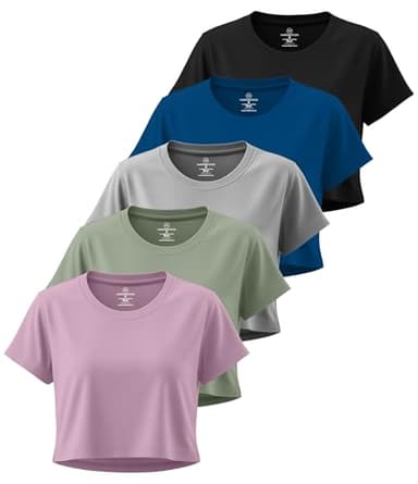Real Essentials 5 Pack: Women's Dry Fit Crop Top - Short Sleeve Crew Neck Stretch Athletic Tee (Available in Plus Size)- Set 1, 3X - Image 1