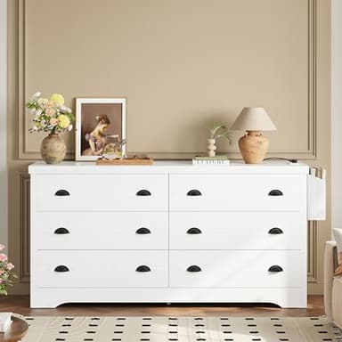 LIKIMIO Dresser for Bedroom 6 Drawer with Charging Station, TV Stand Storage Chest of Drawers for Living Room Hallway Entryway, MDF Board, 59 Inches White - Image 9