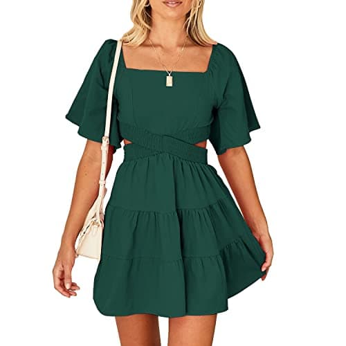 Shy Velvet Womens Square Neck Criss Cross Pleated Flowy Dress Solid Color Backless Cut Out Summer Mini Dresses - Image 1