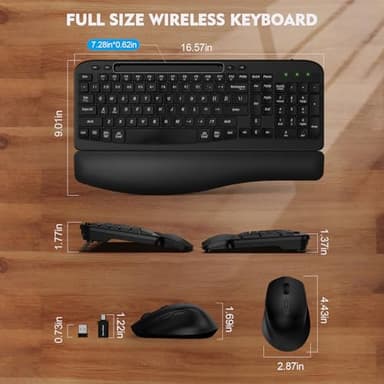 Wireless Keyboard and Mouse Combo, Wave Keys Full-Sized Ergonomic Keyboard with Cushioned Plam Rest, Phone Holder, Comfortable Natural Typing, 2.4G Cordless Set for Computer, Laptop, PC, Mac, Windows - Image 3