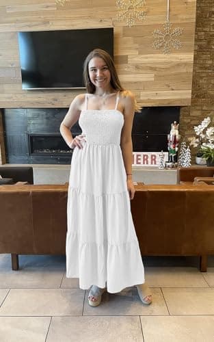 PRETTYGARDEN Women's Summer Maxi Dress 2025 Casual Boho Sleeveless Spaghetti Strap Smocked Tiered Long Beach Sun Dresses (White,S) - Image 6