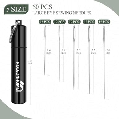 KOLEONHOME 60 Pcs Large Eye Sewing Needles, 5 Sizes Embroidery Needles, Hand Sewing Needles with Aluminum Storage Tube, Sewing Supplies for Hand Sewing Art Crafts - Image 2
