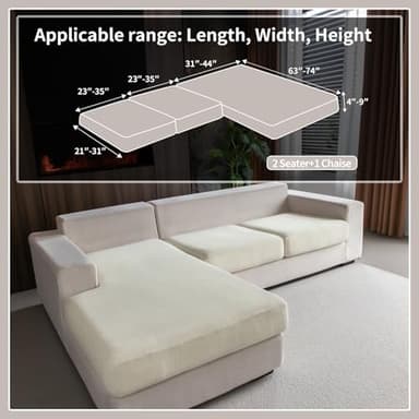OHSIO Sectional Couch Covers, Wear Resistant Stretch Sofa Covers Washable Soft Couch Cushion Covers Anti Slip Furniture Protector Sofa Slipcovers for Pets(3 Pieces 2 Seaters+1 Chaise, Ivory) - Image 2