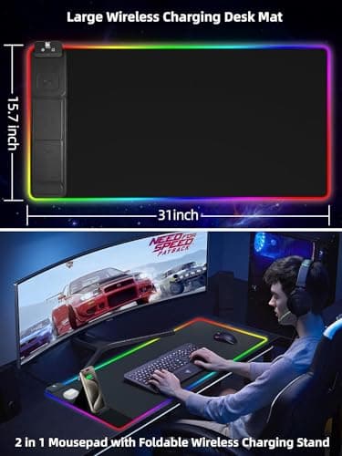 XXL Mouse Pad with Phone Holder - Black, RGB Desk Mat with 15W Fast Charging, LED Gaming Mousepad with 11 Light Colors, Waterproof Non-Slip Pad for Office & Home - Image 5