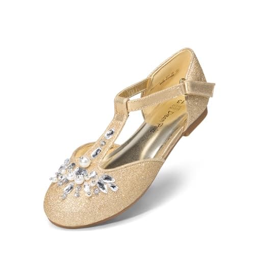 DREAM PAIRS Girls Mary Jane Dress Shoes Pearl T-Strap Party Flower Wedding Princess Flats for Toddler Little Big Kid,Size 2 Little Kid,Gold,SDFL2426K - Image 1