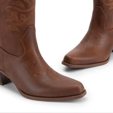 DREAM PAIRS Cowboy Boots for Women Cowgirl Western Boots Fashion Embroidery Stitched Chunky Heel Mid Calf Boots,Size 7,Brown-Pu,DWUMMB2504 - Image 5