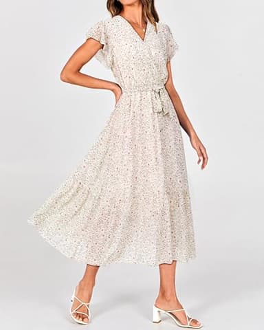 BTFBM Women Summer Bohemian Floral Casual Wrap V Neck Ruffle Cap Sleeveless Belt A-Line Pleated Hem Swing Midi Sun Dress (Floral Apricot, X-Large) - Image 7