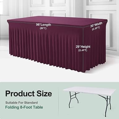 Table Skirts for Rectangle Tables 8ft - One-Piece Burgundy Tablecloths and Skirt, Wrinkle Resistant Ruffles Elastic Cover for Banquets, Weddings, Events, Parties - Image 5