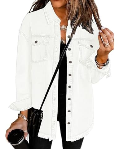 Vetinee Women's Oversized Boyfriend Brilliant White Front Button Up Frayed Raw Hem Long Sleeve Pockets Denim Jean Jacket Shacket 3X-Large Size 24 Size 26 - Image 1