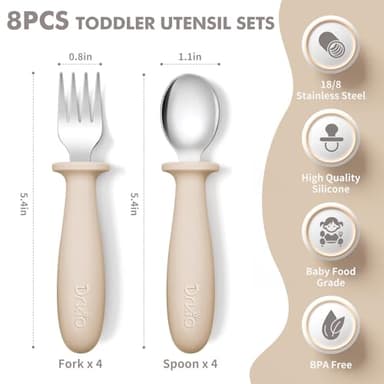 DRKIO 8 Pieces Toddler Utensils Set - Kids Silverware Set with Silicone Handle Children Safe 18/8 Stainless Steel Forks and Spoons Anti-Choke Design Food Grade Dishwasher Safe - Image 2