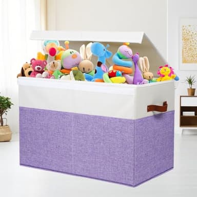 Large Toy Box with Lid, Sturdy Toy Storage Chest Bin Boxes Organizer Basket with Dividers for Toddlers, Kids, Boys, Girls, Nursery, Living Room, Bedroom, Playroom 25"x13" x16" (Purple and White) - Image 2