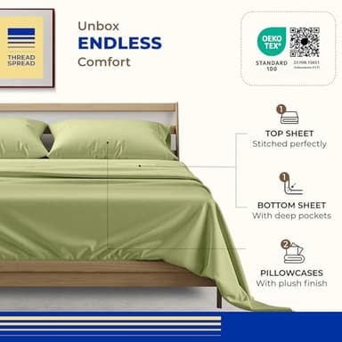 THREAD SPREAD 100% Egyptian Cotton Sheets California King Size - 1000 High Thread Count, Luxury 5-Star Hotel 4 PC Sateen Cal King Sheets, Extra Long Staple 16" Deep Pocket Bed Sheet Set - Sage Green - Image 3