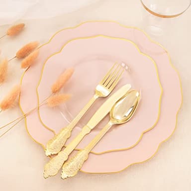 NOCCUR 175PCS Pink Plates with Gold Disposable Silverware - Include 50 Pink Plastic Plates,25 Knives,25 Forks,25 Spoons,25 Cups and 25 Napkins - Ideal for Wedding/Party - Image 4