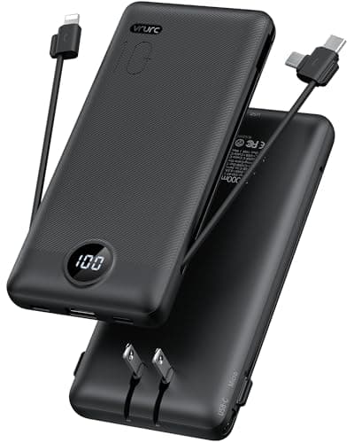 Portable Charger,Power Bank Built-in Cables and AC Wall Plug,VRURC USB C Portable Bank 10000mAh,Travel Essentials Phone Charger Compact Lightweight External Battery Pack for Smart Phones,Tablets-Black - Image 1