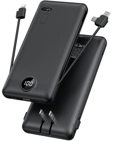 Portable Charger,Power Bank Built-in Cables and AC Wall Plug,VRURC USB C Portable Bank 10000mAh,Travel Essentials Phone Charger Compact Lightweight External Battery Pack for Smart Phones,Tablets-Black - Image 1