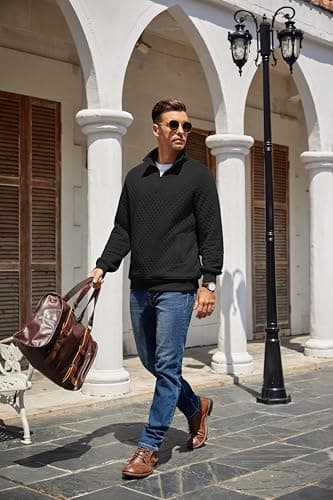COOFANDY Mens Quarter Zip Pullover Quilted Sweatshirt Knit Long Sleeve Mock Neck Sweater Polo with Pocket A-black - Image 8