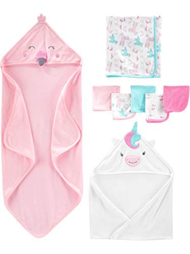 Simple Joys by Carter's Baby Girls' 8-Piece Towel and Washcloth Set, Pink Flamingo/White Unicorn, One Size - Image 1
