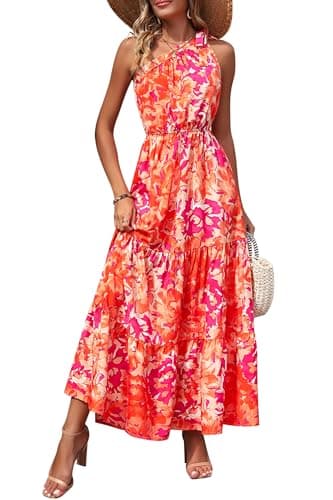 PRETTYGARDEN Women's Summer Floral Maxi Dress Knot One Shoulder Sleeveless Ruffle Flowy Boho Beach Wedding Guest Dresses (Orange Rose Red Big Floral,Large) - Image 1