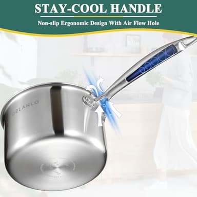 DELARLO Stainless Steel Small Brushed Saucepan With Lid, Induction Cooking Sauce Pot Pans, 18/8 Tri-Ply Heavy Bottom Saucier Cookware, Dishwasher Safe & Oven Safe(2 Quart) - Image 5