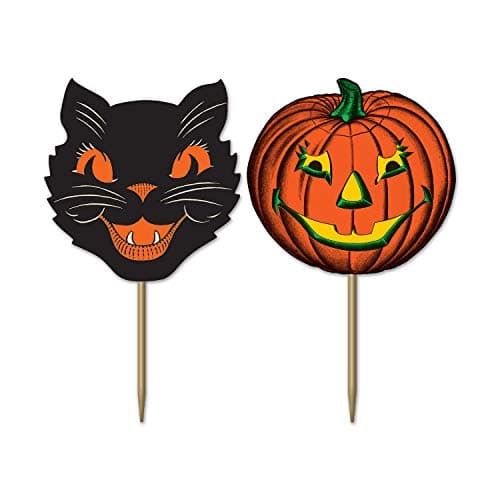 Paper Vintage Halloween Party Food Picks Cat Pumpkin Cupcake Toppers Pack of 3 - Image 1