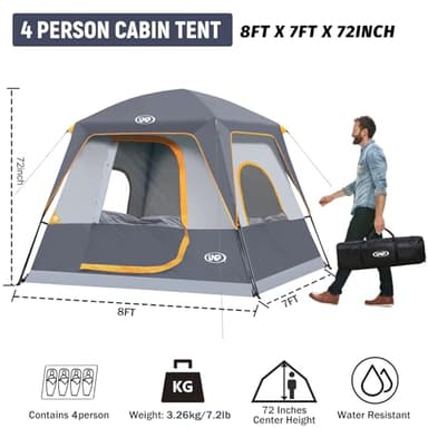 UNP 4-Person Tent, Portable Cabin Tent, Camping Tent 4-Person Easy Set Up, Waterproof with Top Rainfly for Outdoor Camping/Hiking (Gray) - Image 2