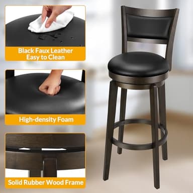 PrimeZone Swivel Bar Stools Set of 4, 34 Inch Extra Tall Bar Height Barstools, Black Faux Leather Bar Stool with High Backrest, Solid Wood Leg, Wrap-Around Footrest, Counter Stools for Pub - Image 6