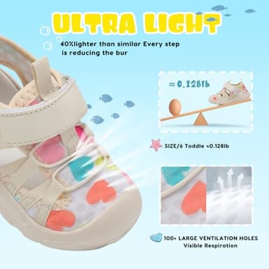 Toddler Girls Barefoot Swim Beach Pool Baby Water Shoes Summer Walking Sandals Toddler Athletic Sandals Lightweight Hook and Loop 4 Toddler MultiHeart - Image 2