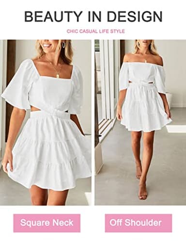 Women's Summer Dresses Square Neck Casual Short Sleeves Crossover Elastic Waist Party Mini Dress White XS - Image 4