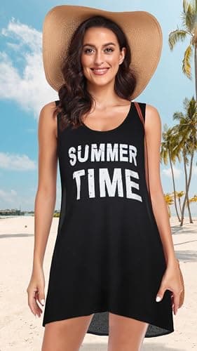 elescat Womens Swim Cover Ups T Shirt Beach Casual Dress Sleeveless Bikini Coverup(Black Letters,S) - Image 4