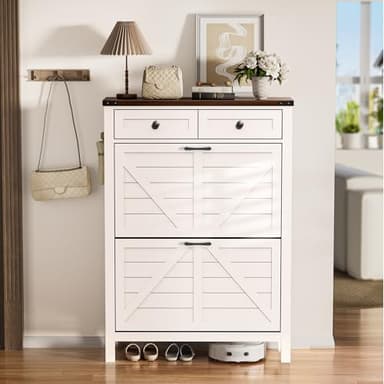 OLILAWN Entryway Shoe Storage, Shoe Storage Cabine with 2 Flip Drawers and 2 Drawers, Shoe Cabinet with Drawer, for Entryway Freestanding Shoes Organizer Cabinet, Slim Shoe Cabinet White - Image 6