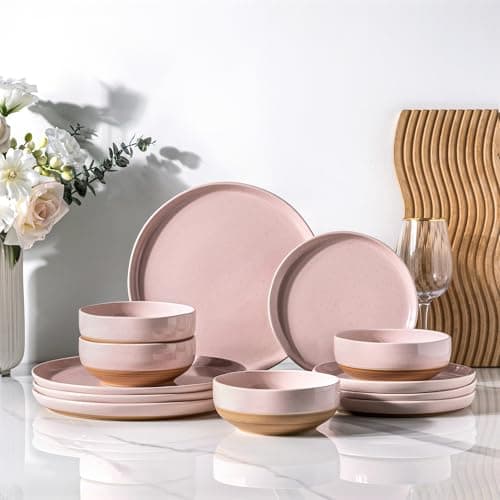AmorArc Ceramic Dinnerware Sets for 4, 12 Pieces Handpainted Plates and Bowls Set with Rustic Terracotta Underside, Scratch Resistant Stoneware Dishes Set, Dishwasher & Microwave Safe, Cloud Pink - Image 1