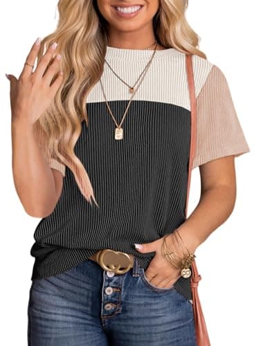 Dokotoo Women's Clothing Colorblock Crewneck Short Sleeve Shirt Spring Sweatshirts Business Casual Loose Ladies Clothes Shirts Summer Outfits for Women Trendy Black Large - Image 1