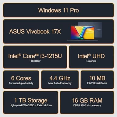 ASUS Vivobook 2025 17.3" FHD IPS Business Laptop, 16GB RAM, 1TB Storage (512GB SSD + 500GB Ext), 6-Core Intel i3 Processor, Lifetime Office 2024 Copilot AI, Wi-Fi 6E, MarxsolAccessory, Win 11 Pro - Image 2