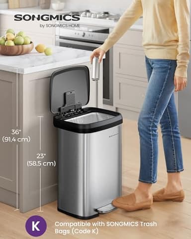 SONGMICS Kitchen Trash Can, 13 Gallon (50 L) Stainless Steel Garbage Can, with Stay-Open Lid and Step-on Pedal, Soft Closure, Tall, Large and Space-Saving, Silver and Black ULTB530E50 - Image 3