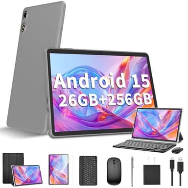 JJGJ Android 15 Tablet 10 Inch, 26GB RAM+256GB ROM/2TB Expandable, 2 in 1 Tablets with Keyboard Case Mouse Stylus, 2.0GHz Octa-core CPU, IPS HD Screen, 5G WiFi BT 5.0, 8000mAh Battery (Black Case) - Image 1