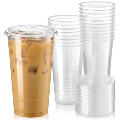 Fit Meal Prep 50 Pack 32 oz Clear Plastic Cups with Flat Lids, Disposable Iced Coffee Cups, BPA Free Premium Crystal Smoothie Cup for Party, Lemonade Stand, Cold Drinks, Juice, Milkshake - Image 1