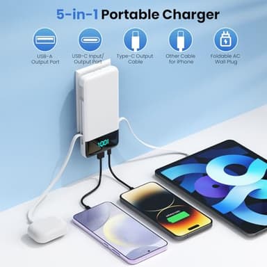 Portable Charger for iPhone with Built in Cables and Wall Plug,Upgraded 13800mAh Fast Charging USB C Power Bank,4 Outputs Travel Essential Battery Pack Compatible with iPhone 15/14/13,Samsung-White - Image 3
