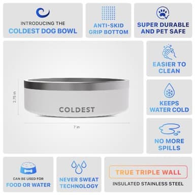Coldest Dog Bowl - Anti Rust Metal, Non Slip, 3 Layers Insulated Stainless Steel Dog Bowls - Spill Proof & Heavy Duty - Water Bowl for Dogs, Cats & Pets, Dish Washer Safe (42 oz, Epic White) - Image 5