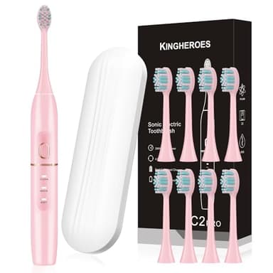 kingheroes Electric Toothbrush Set, Comes with 8 Brush Heads & Travel Case,4 Modes with 2 Minutes Built in Smart Timer, One Charge for 60 Days, 42000 VPM Motor (Pink) - Image 1