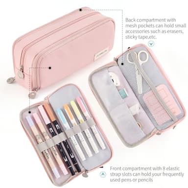CICIMELON Large Capacity Pencil Case 3 Compartment Pouch Pen Bag for School Teen Girl Boy Men Women (Pink) - Image 2