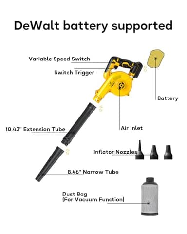 Deforce Cordless Leaf Blower for Dewalt 20v Max Battery, 4 in 1 Blower/Vacuunm/Inflator/Deflator, Electric Mini Leaf Blower, 3 Speeds, 135 CFM with Extended Tube for Lawn Care, Patio(Bare Tool Only) - Image 2