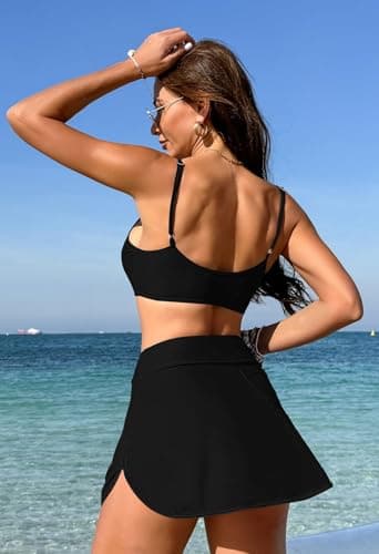 Pink Queen Women's Two Piece Bikini Set Swimsuit Cross Back Sports Bra with Swim Skirt Athletic Bathing Suit Black XL - Image 4