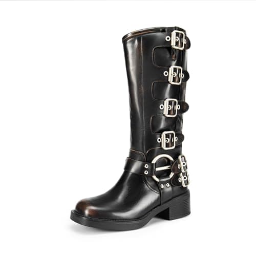 DREAM PAIRS Women's Knee High Riding Boots Side Zipper Motorcycle Boots Square Toe Chunky Heel Fashion Buckles Biker Boots,Size 7,Black/Brown,SDKB2416W - Image 1