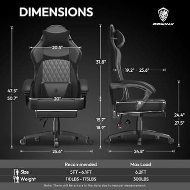 Dowinx Gaming Chair with Pocket Spring Cushion, Ergonomic Computer Chair with Massage Lumbar and Footrest for Adults, High Back Game Chair Leather for Office Gaming 300LBS, All White (Black) - Image 3