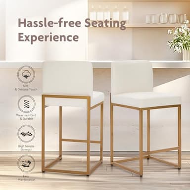 ALPHA HOME 24” Bar Stools Set of 3 Counter Height Bar Stool Pu Leather Kitchen Modern Bar Stools with Backrest Upholstered Footrest Sturdy Chromed Metal Steel Frame, Off-White - Image 8