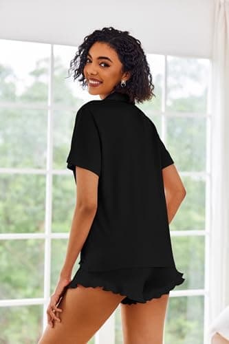 Ekouaer Pajamas Set for Women Short Sleeve Sleepwear Button Down Pjs Lounge Sets Soft Nightwear Black X-Large - Image 4