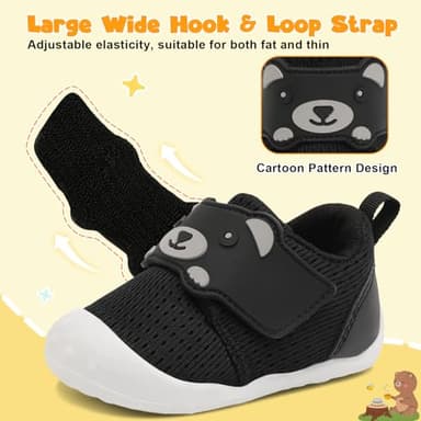 FEETCITY Infant Shoes Boys Girls Wide Baby Walking Shoes Newborn Crib Shoe Baby Slip On Shoe Breathable Toddler Sneakers Bear 6-12 Months Black - Image 3